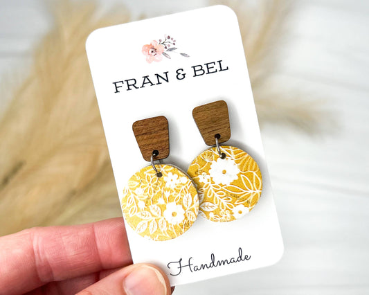 Yellow Floral Leather Circle Earrings