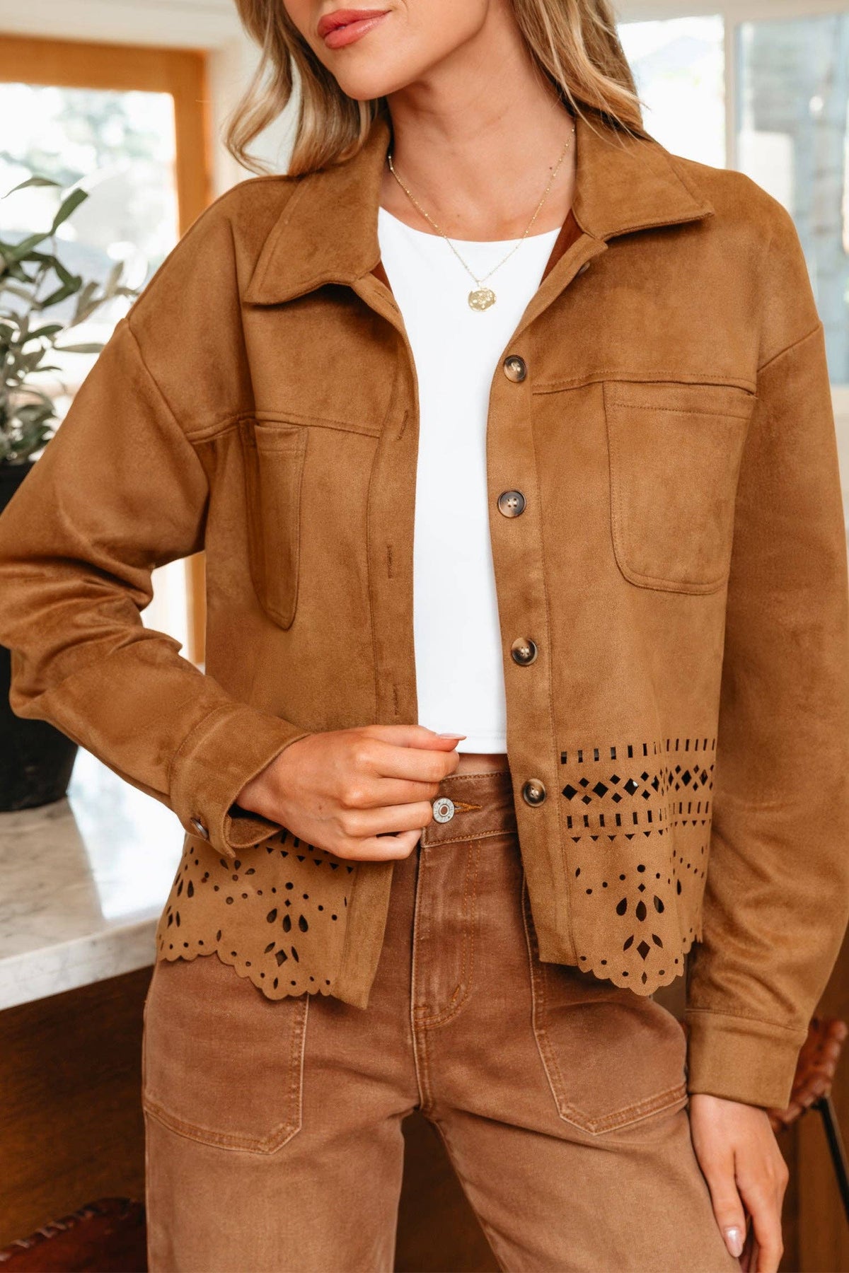 Faux Suede Hollowed Detail Jacket