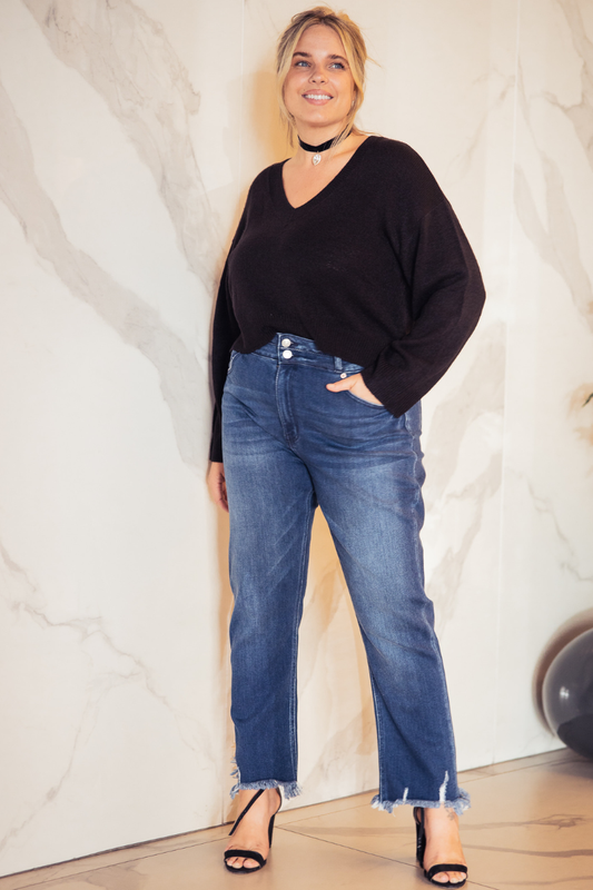 PLUS SIZE-HIGH RISE STRETCH DOUBLE WAIST BAND STRAIGHT JEANS