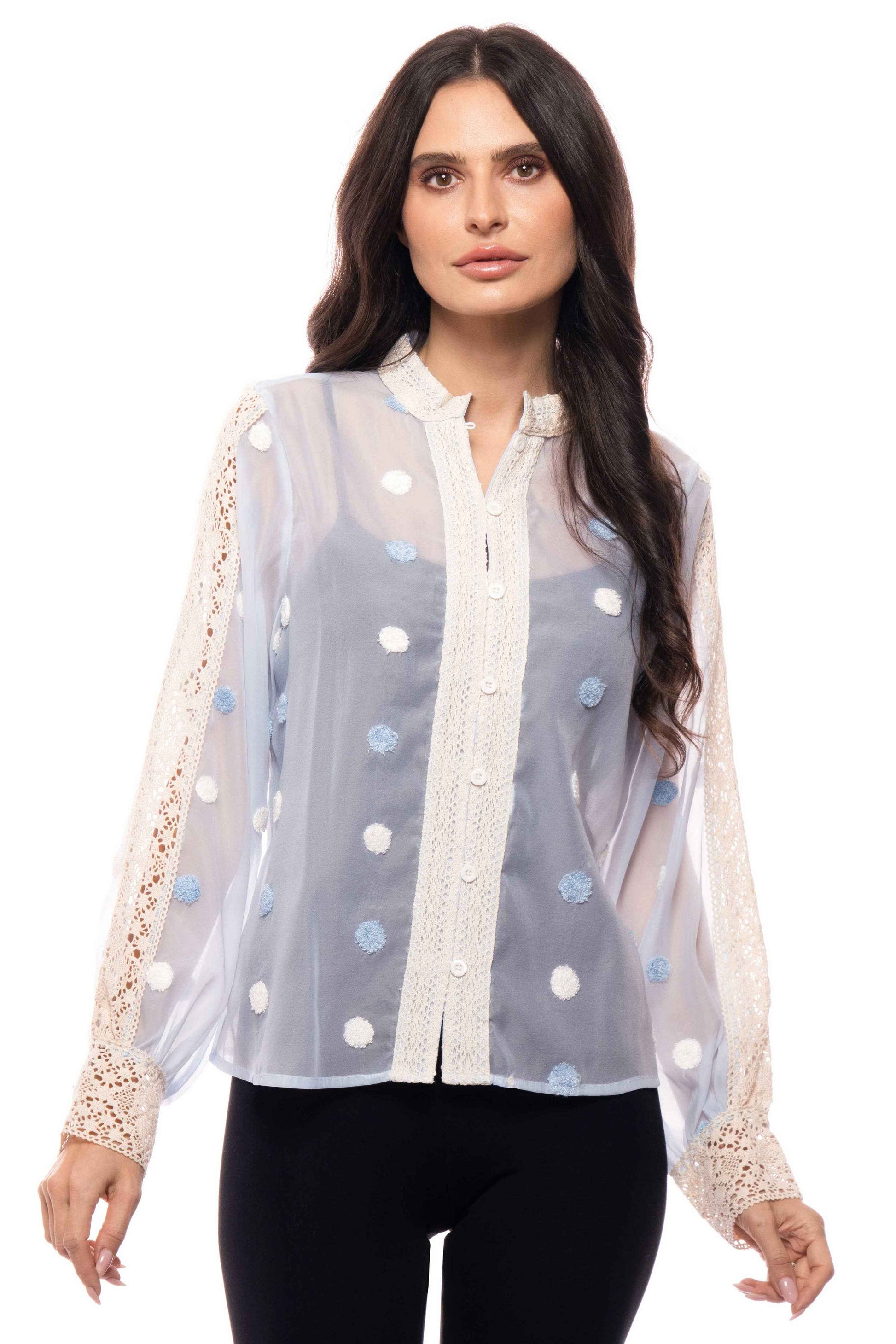 Adore - A322-F Polka Dot Lace Button-Front Blouse
