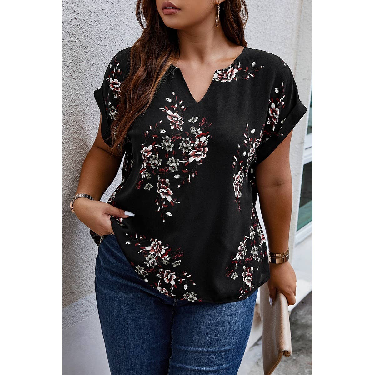 Plus Size Floral Print V Neck Loose Blouse