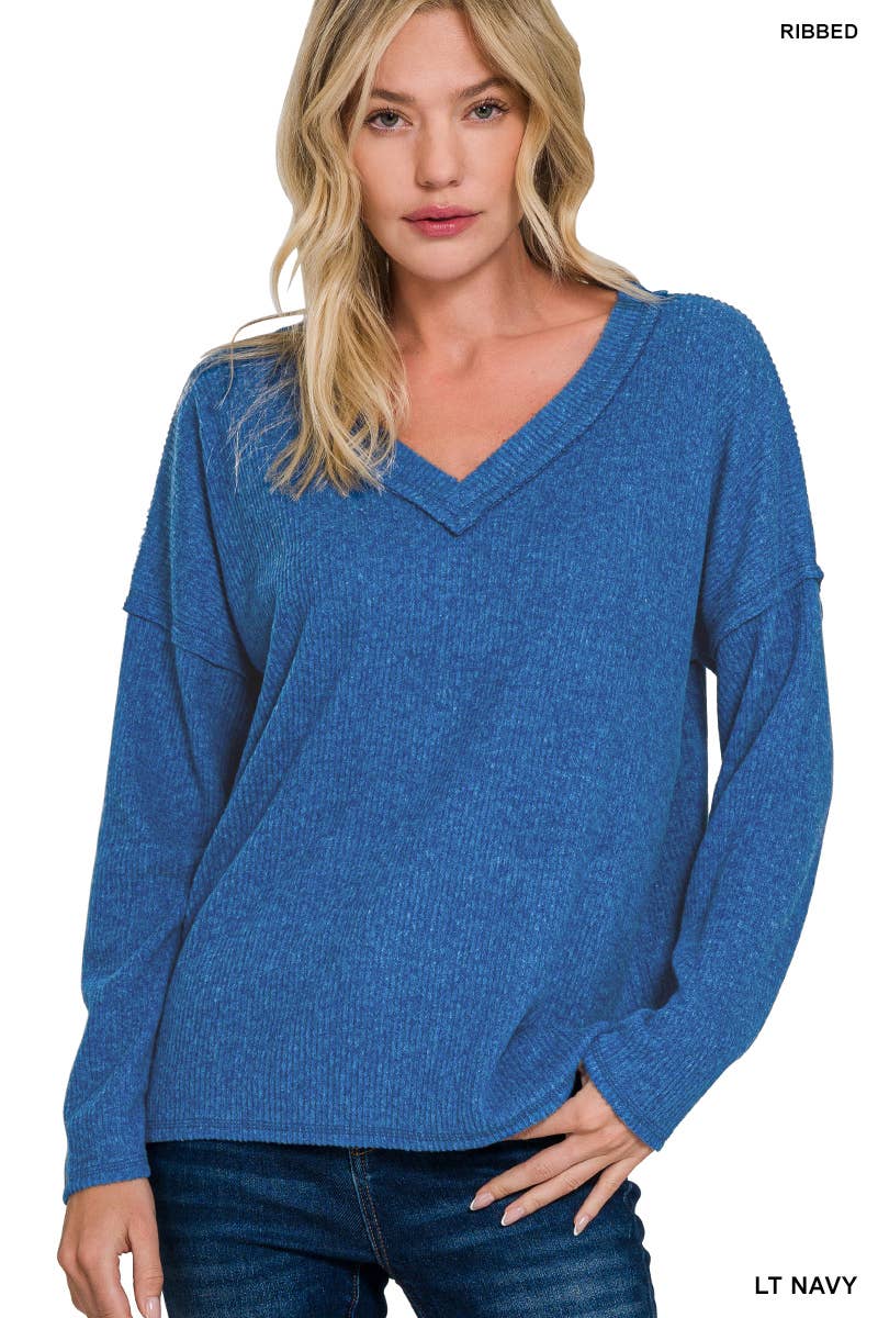 Ribbed V Neck Drop Shoulder Sweater - Threads Boutique