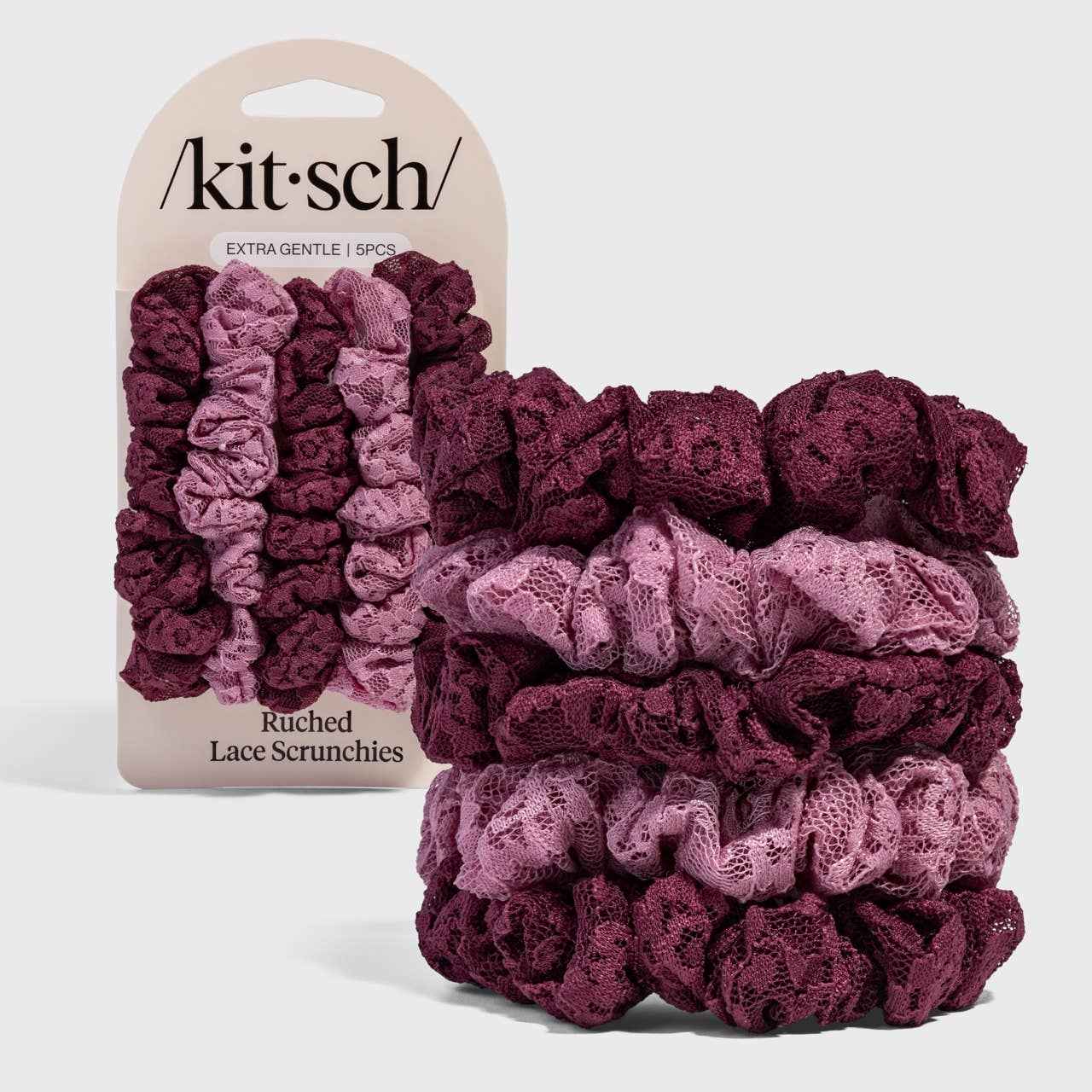 KITSCH - Ruched Lace Scrunchies 5pc Set - Cherry Lacquer & Dusty Pink
