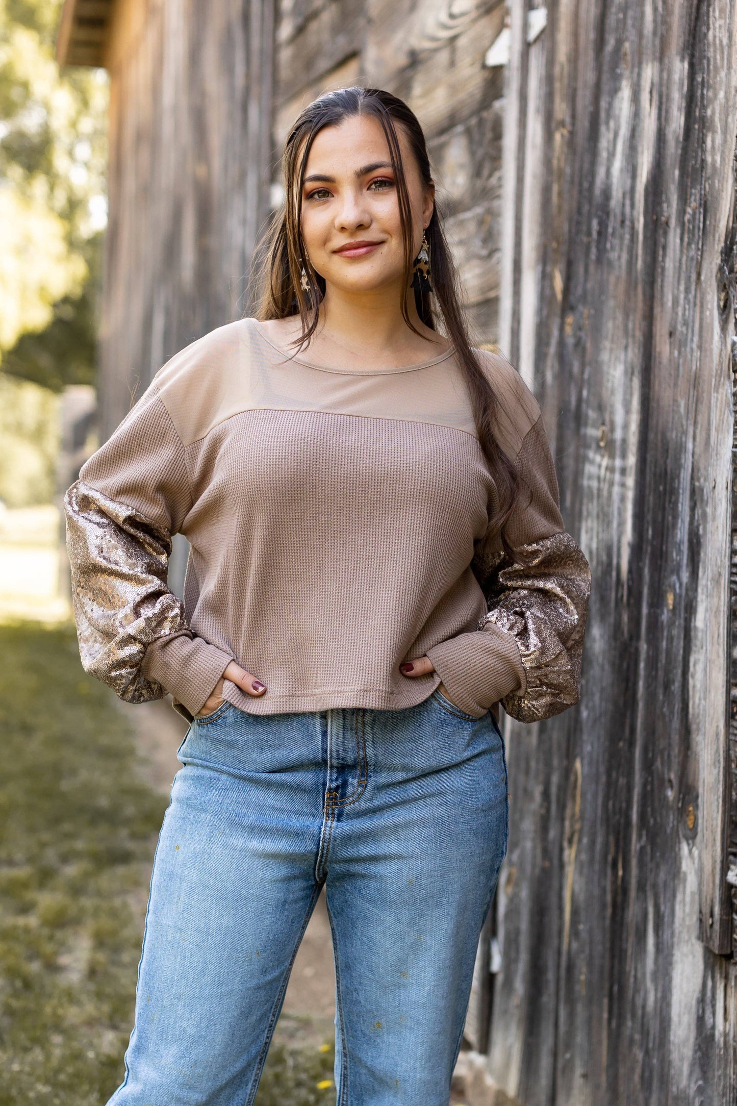 Waffle Knit Top with Mesh and Sequin Details