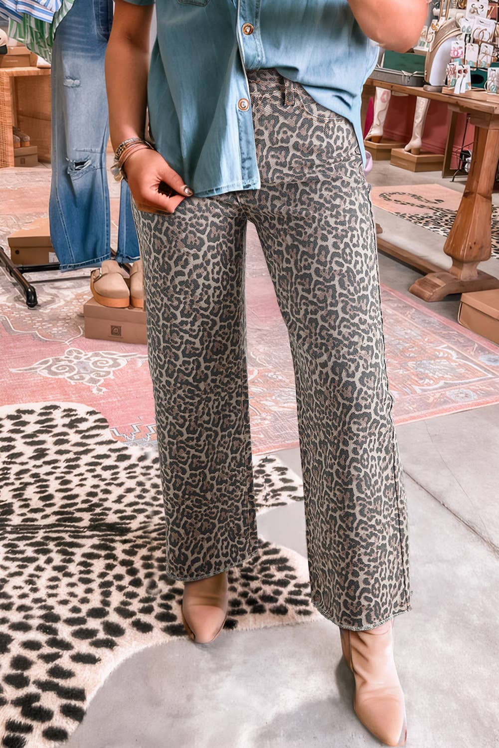 Western Leopard Wide Leg High Waist Jeans - Threads Boutique