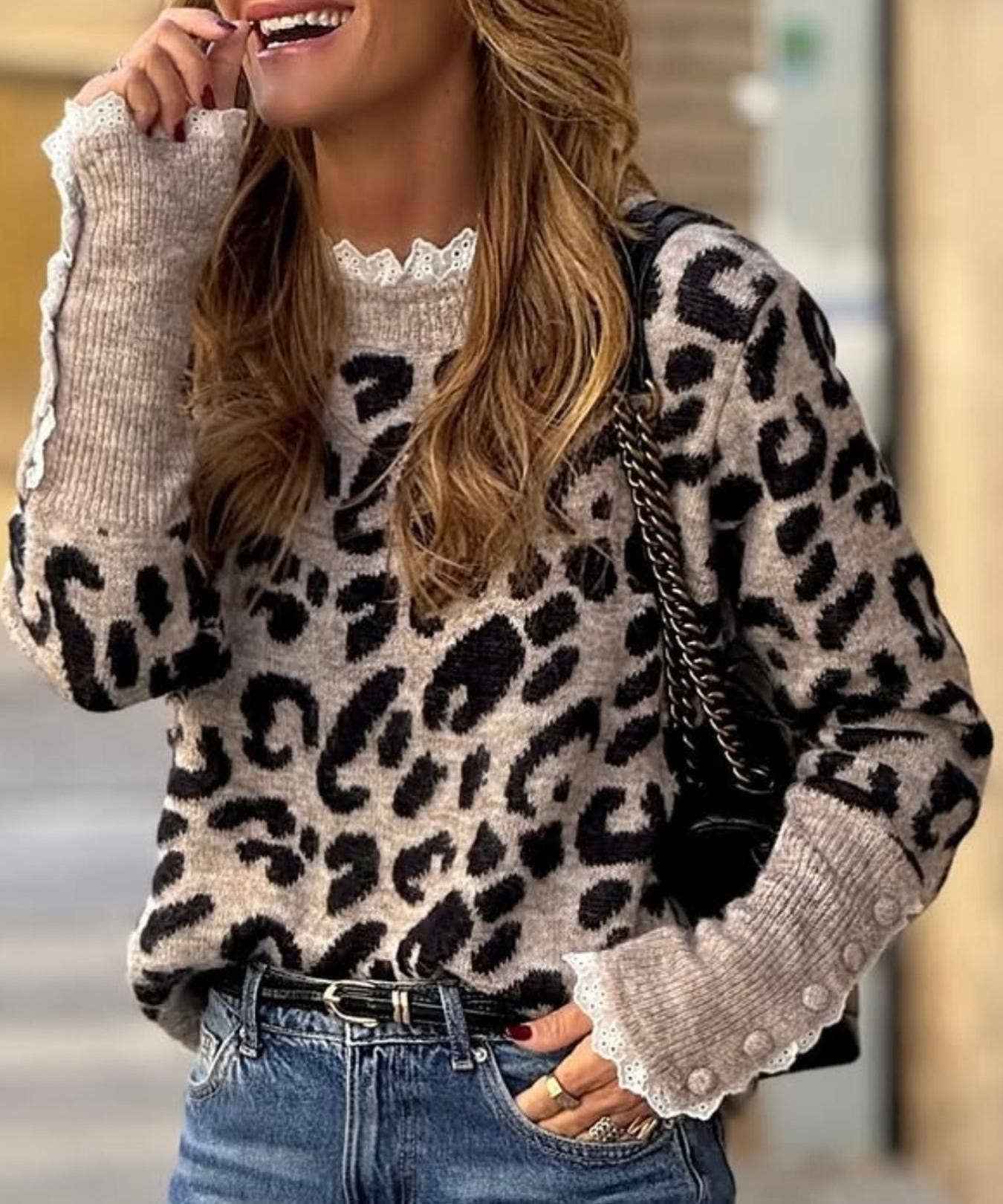 Anna Kaci Wholesale - Leopard Print Long Sleeve Knit Top with Lace Trim Details