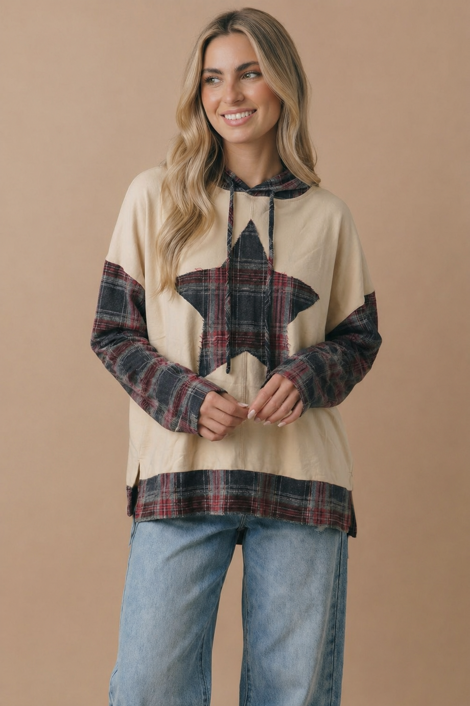 Plaid Star Patchwork Oversize Hoodie