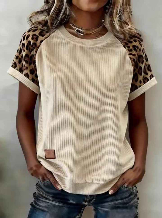 Aapparella - Ribbed Colorblock Leopard Contrast Sleeve Tee | S-XL