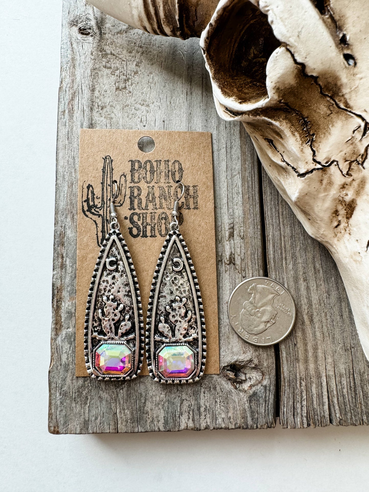 Western Cactus Glass Rhinestone Metal Earrings