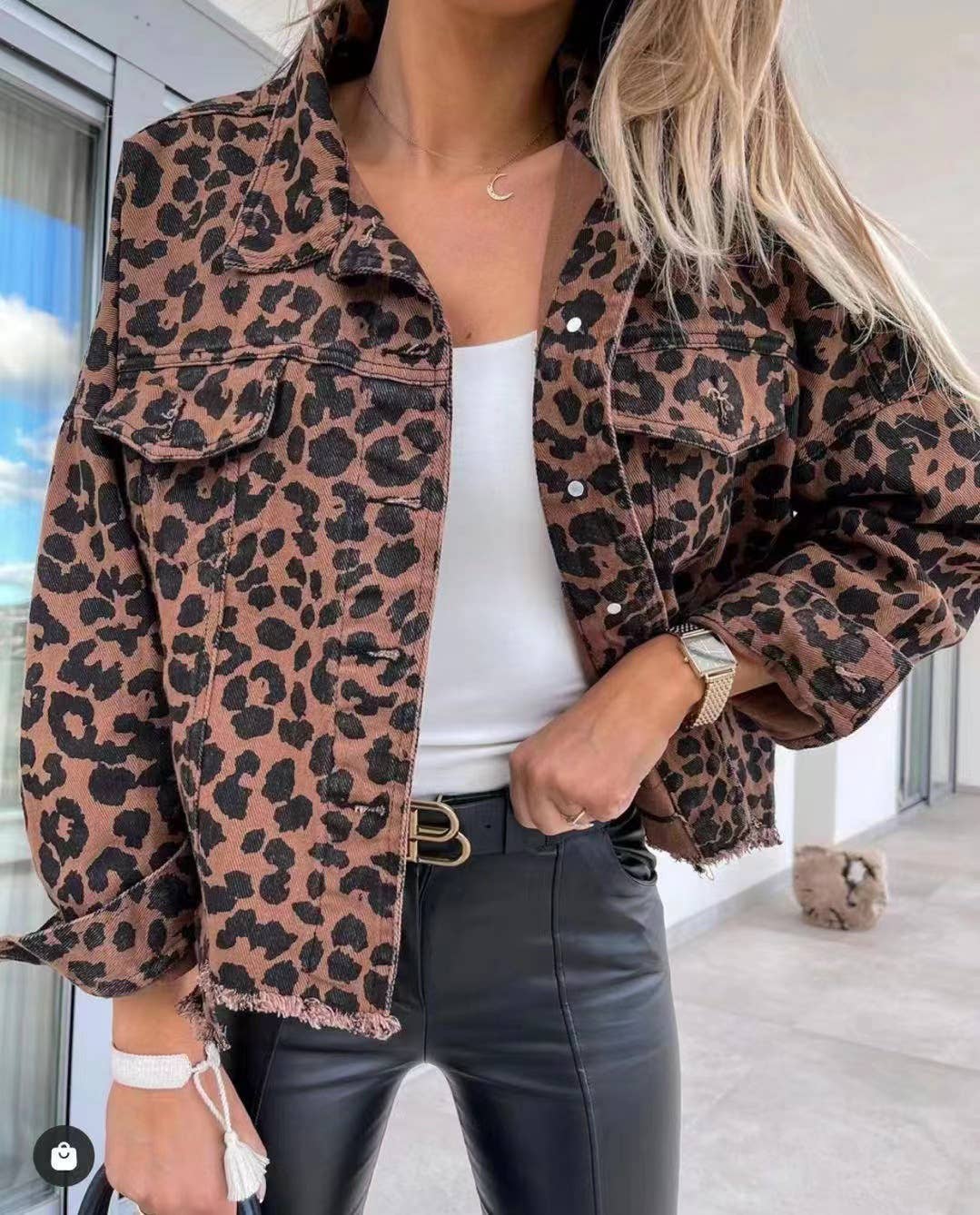 Leopard Frayed Edge Denim Jacket