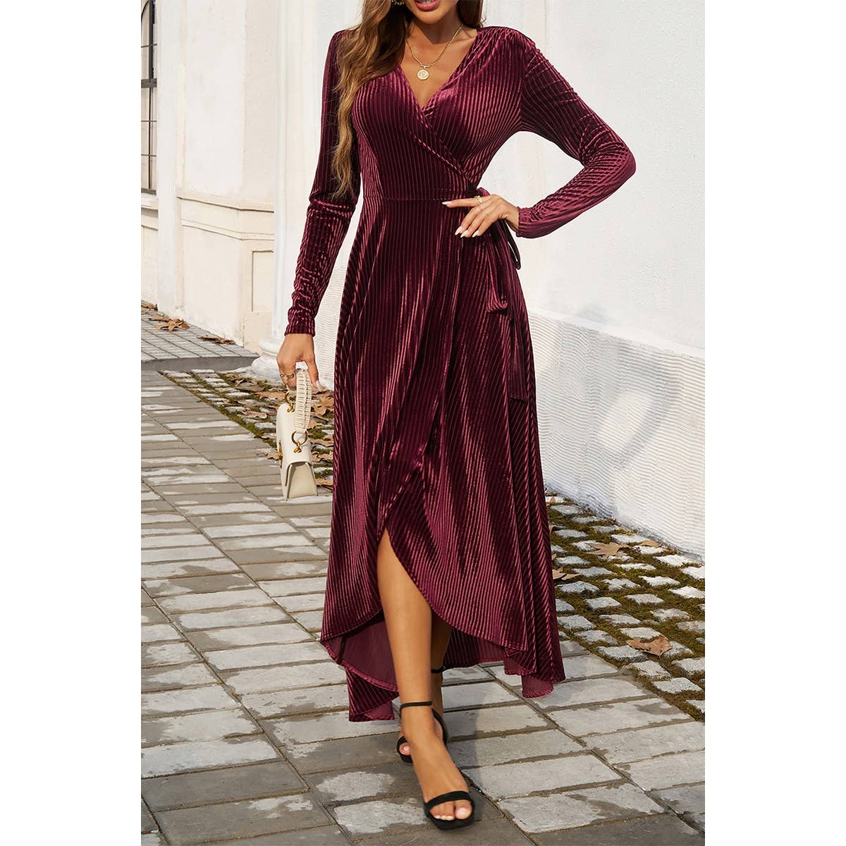 V Neck Velvet Midi Dress