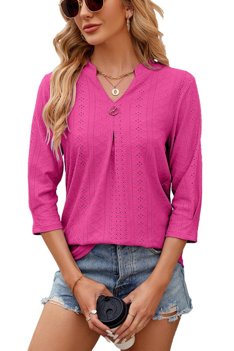 SOLID COLOR 3/4 SLEEVE V NECK