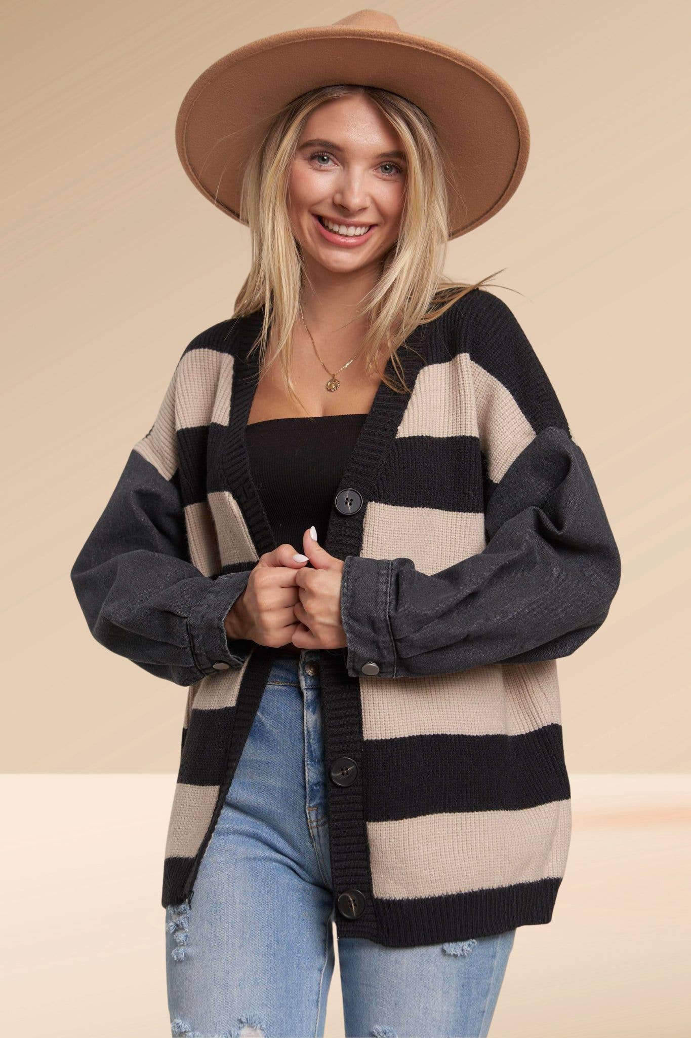 Denim Sleeve Stripe Cardigan - Threads Boutique