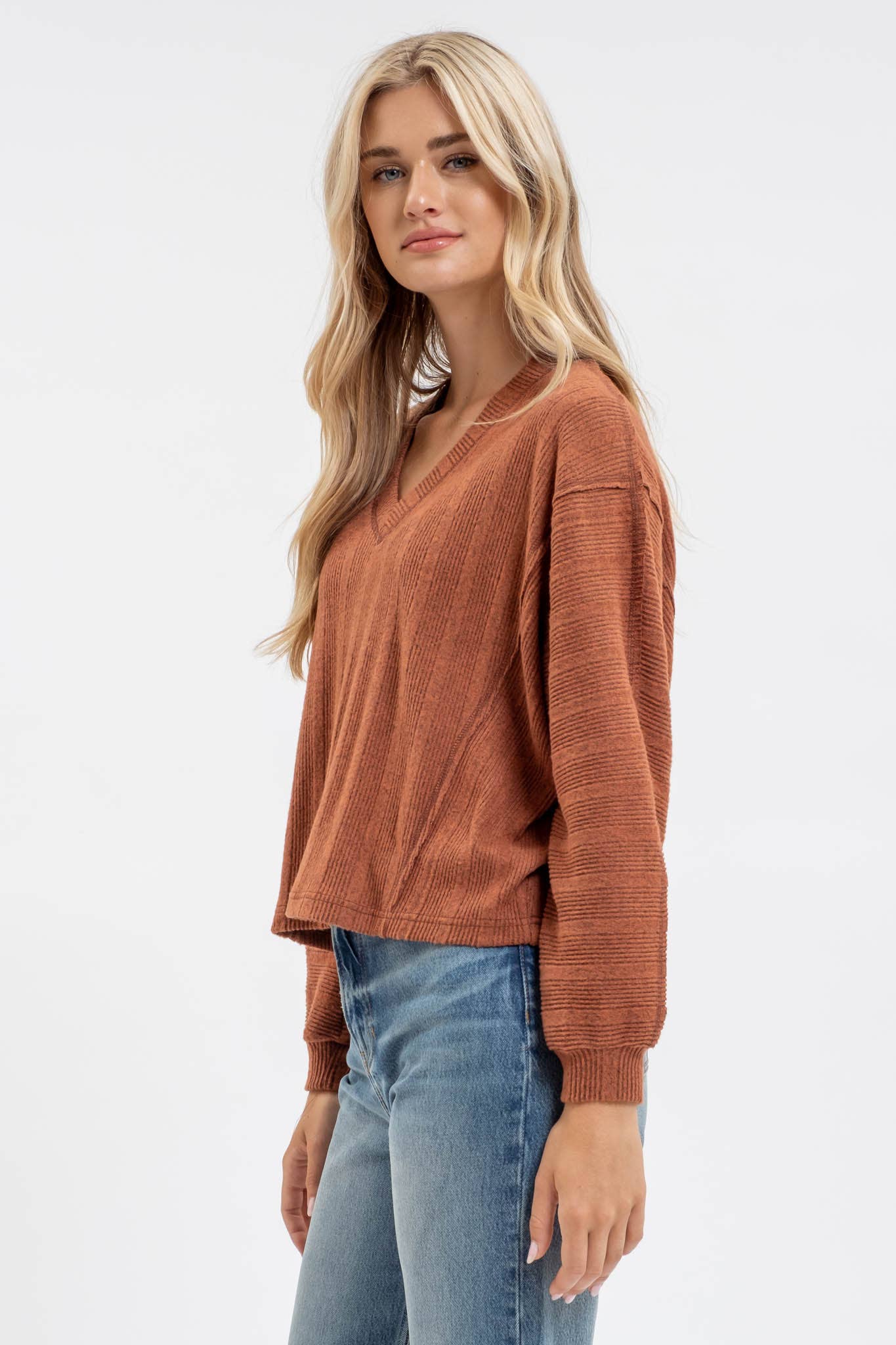 V Neck Ribbed Knit Top