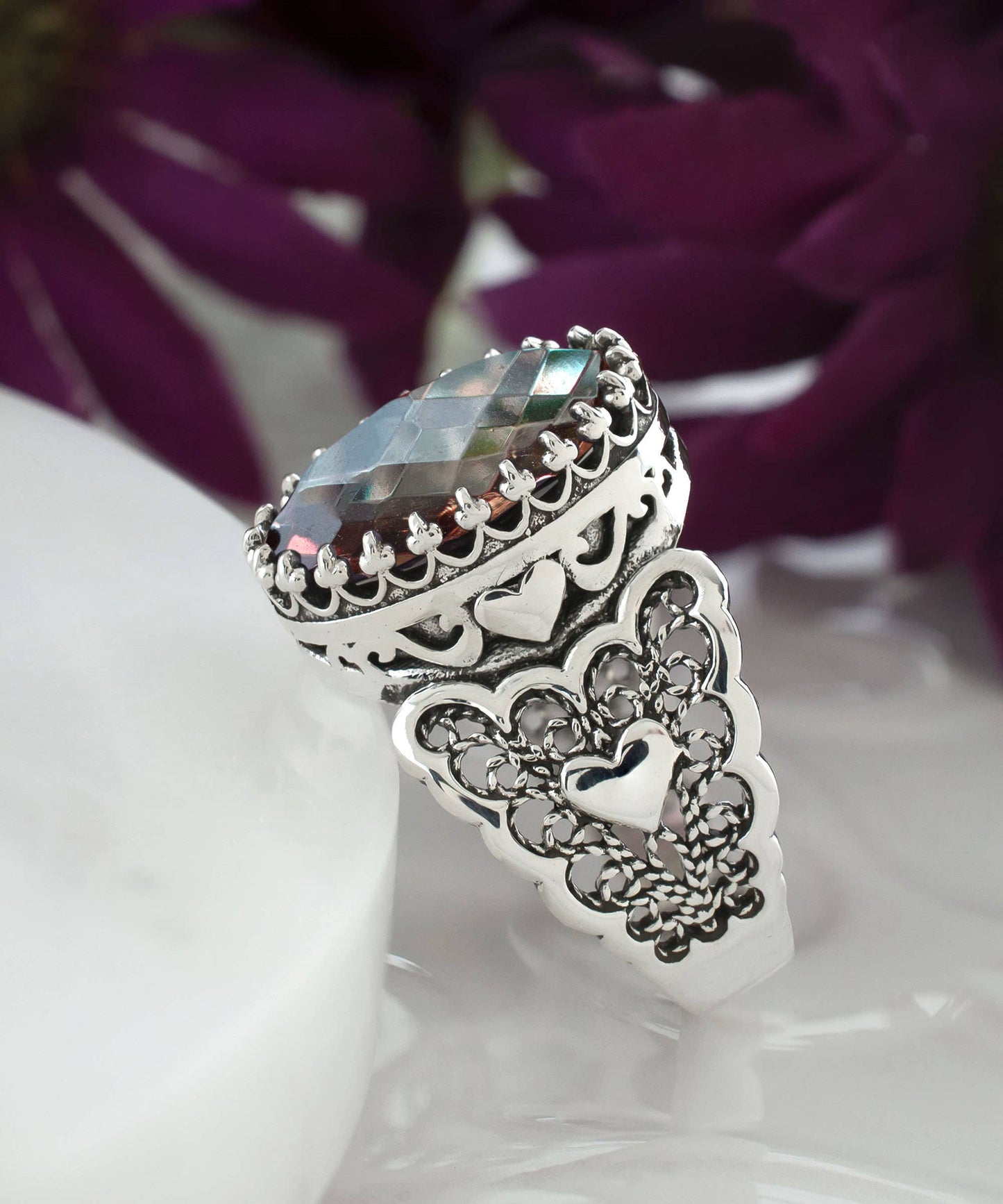 Filigree Art Double Heart Alexandrite Gemstone Silver Ring