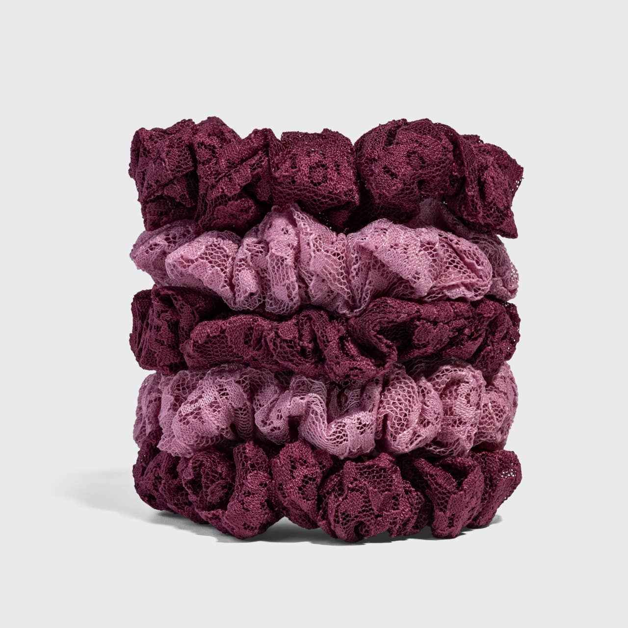 KITSCH - Ruched Lace Scrunchies 5pc Set - Cherry Lacquer & Dusty Pink