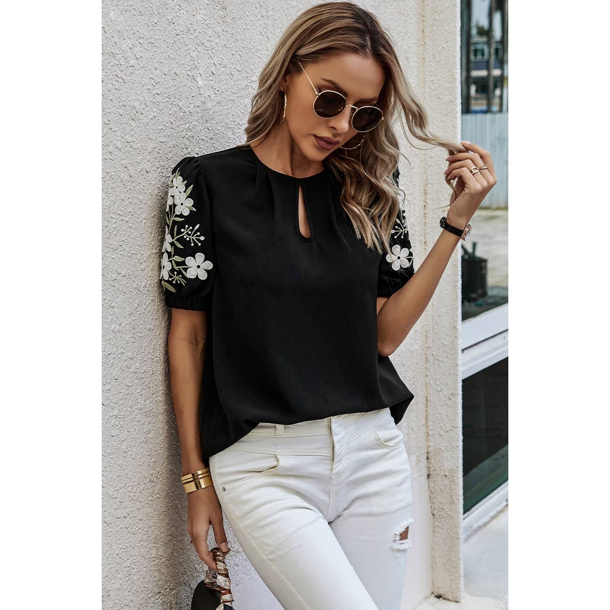 Floral Keyhole Neckline Puff Sleeve Blouse