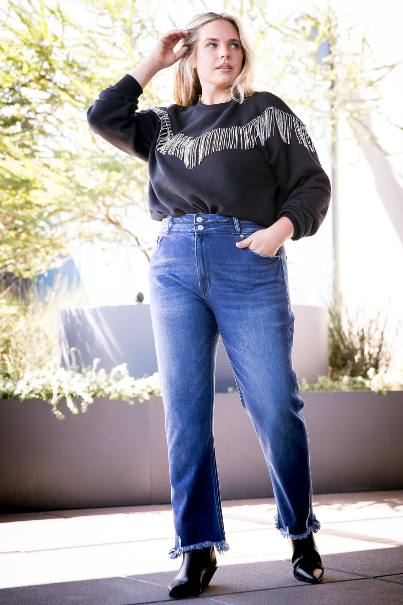 PLUS SIZE-HIGH RISE STRETCH DOUBLE WAIST BAND STRAIGHT JEANS