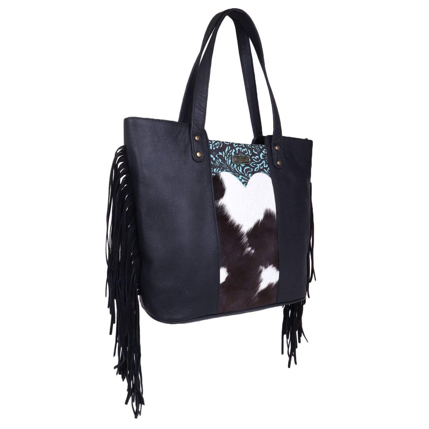 Leather Cowhide Fringed Women Tote - Black Turqoise Floral