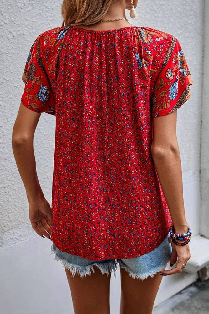 Floral Print V Neck Short Flare Sleeves Shirt