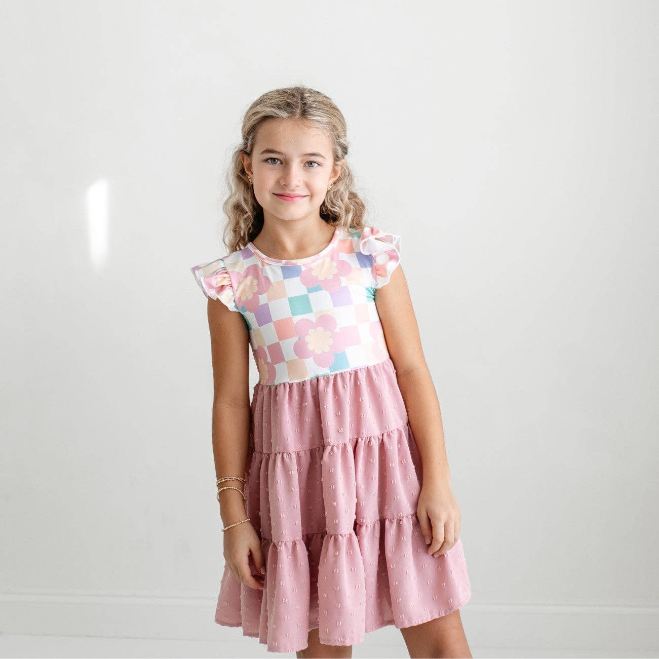Girls Pink Check Swiss Dot Dress