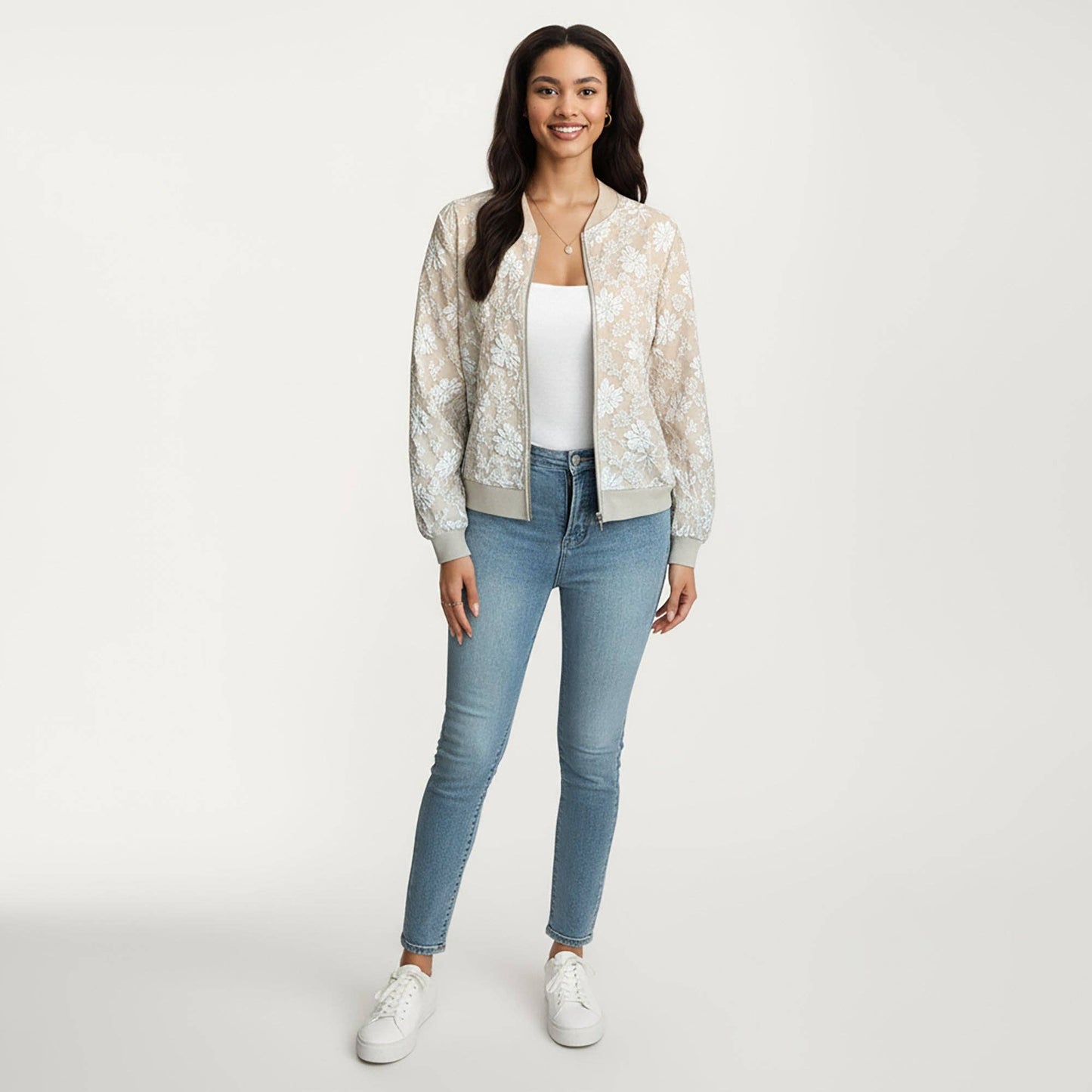 Sheer Floral Lace Bomber Jacket