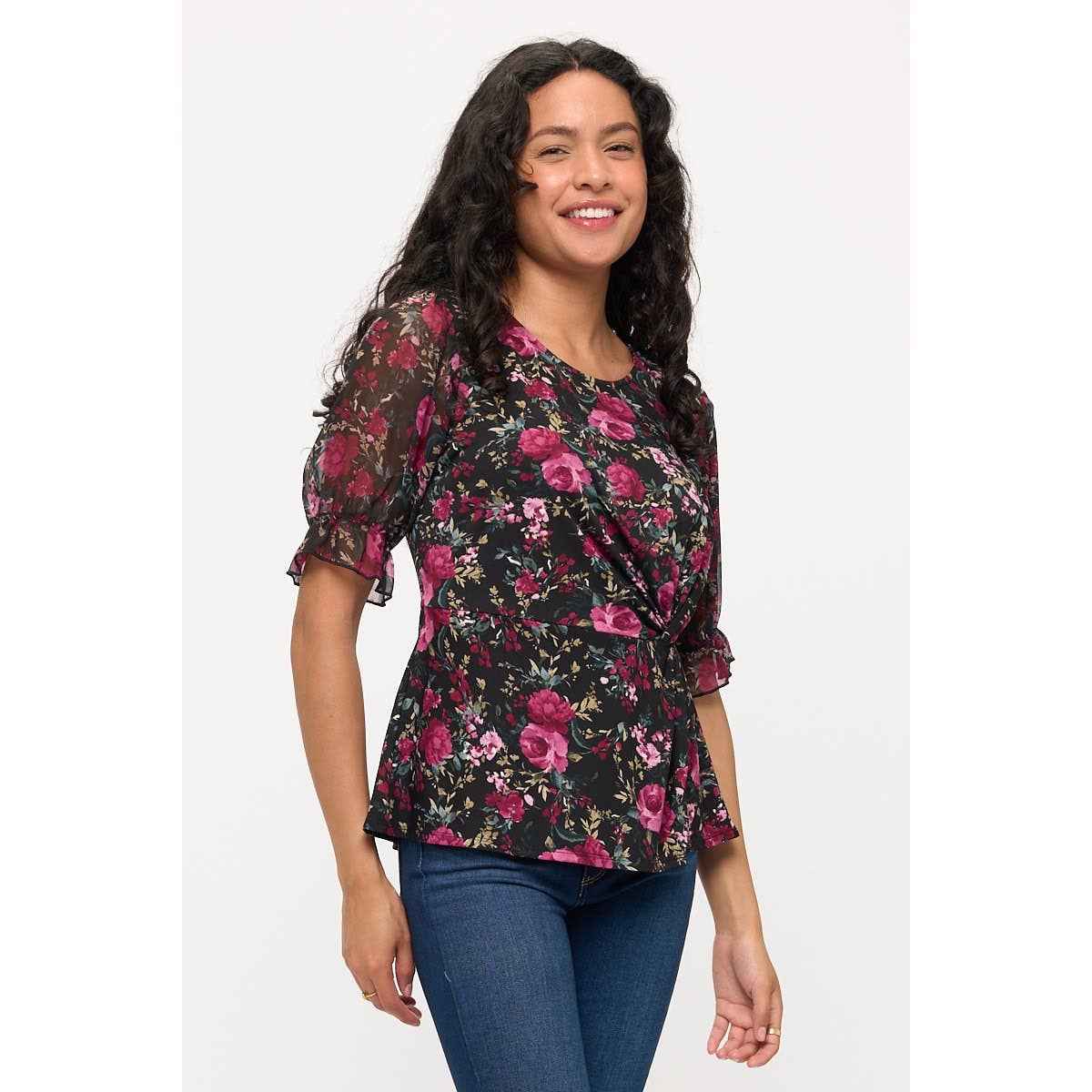 Perseption - FLORAL MIX MEDIA SCOOP NECK TWIST SIDE FASHION TEE