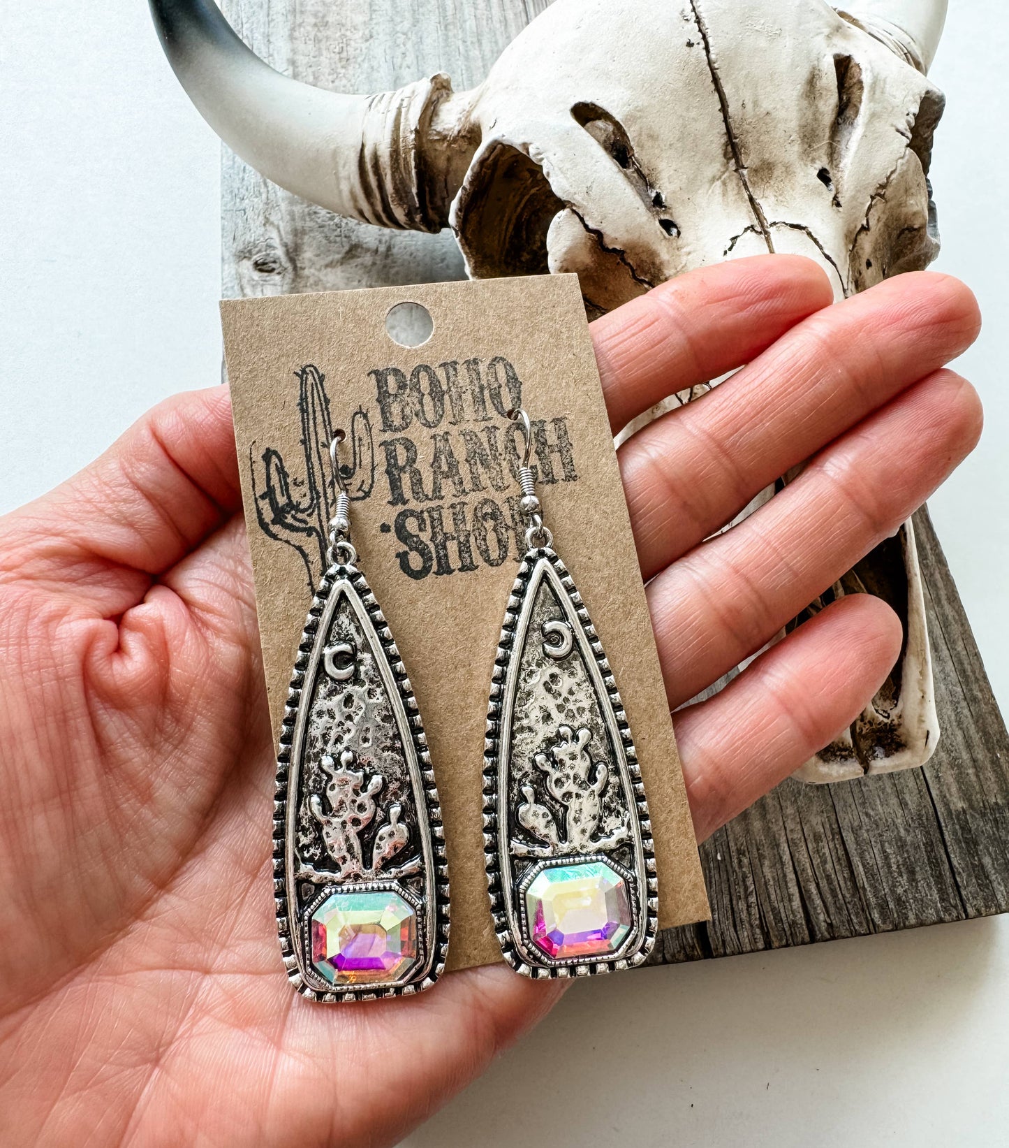 Western Cactus Glass Rhinestone Metal Earrings