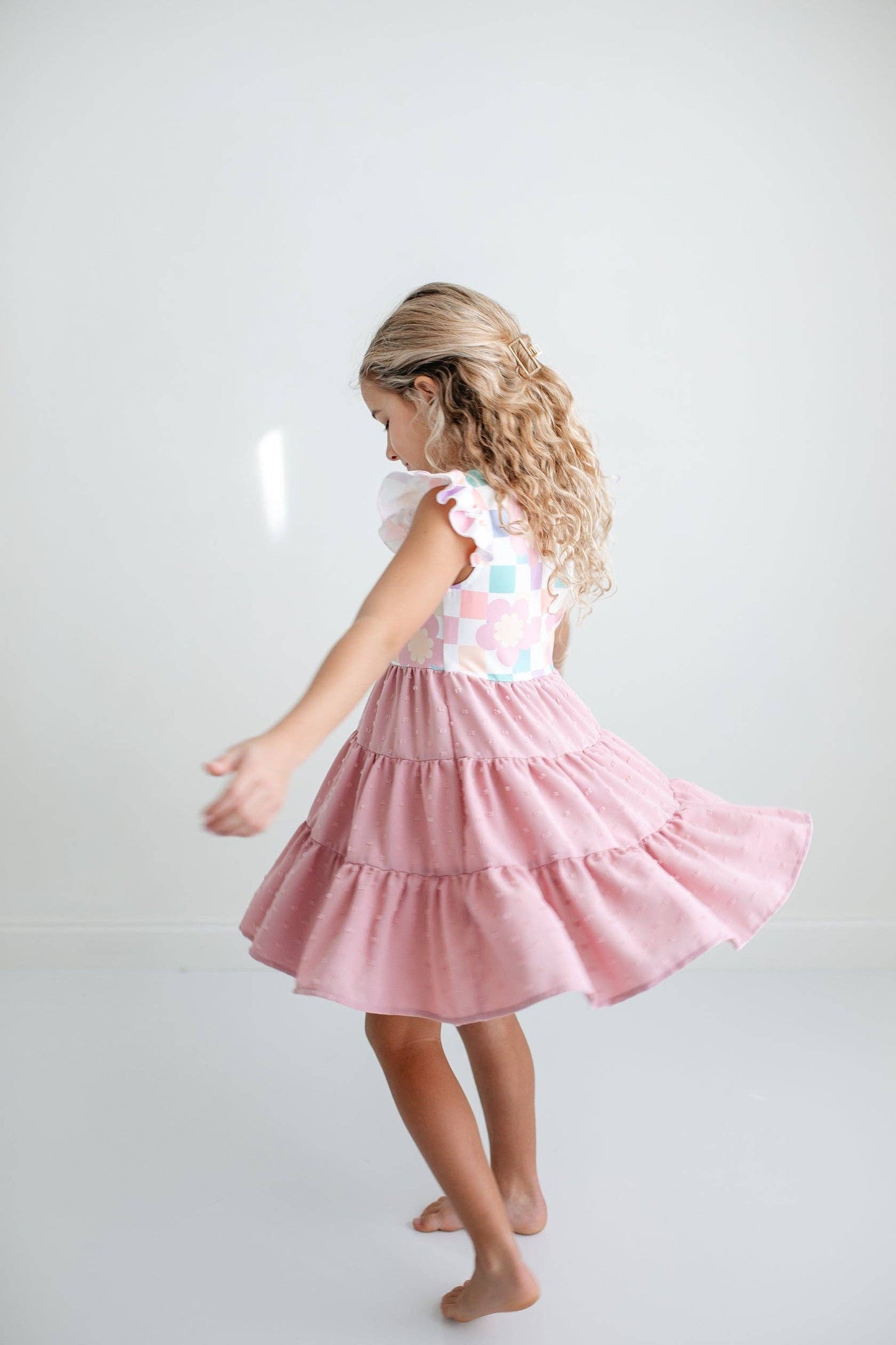Girls Pink Check Swiss Dot Dress