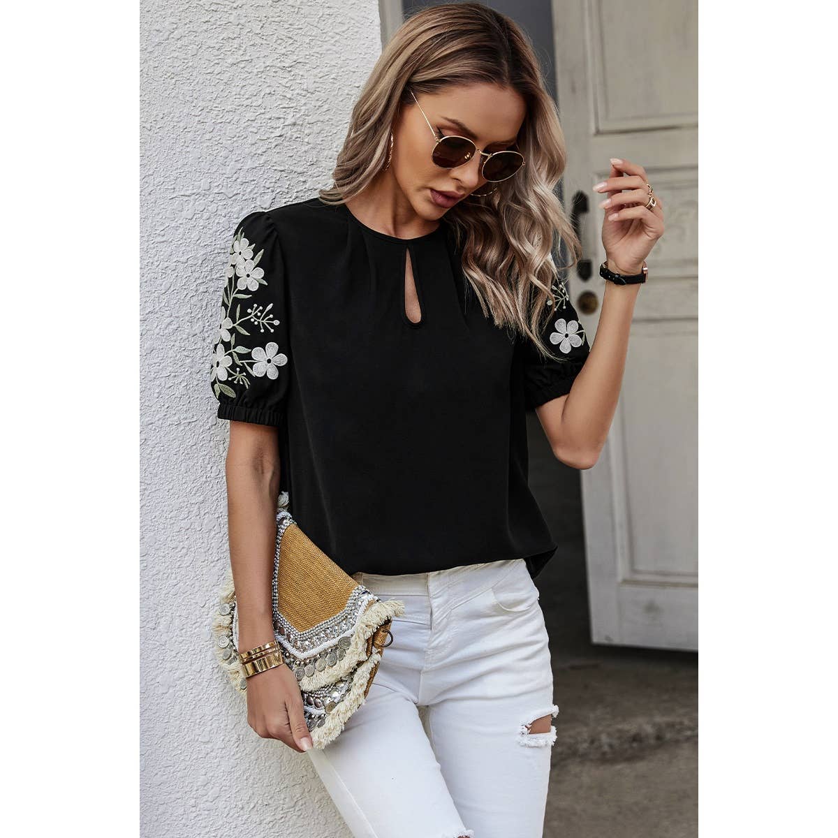 Floral Keyhole Neckline Puff Sleeve Blouse