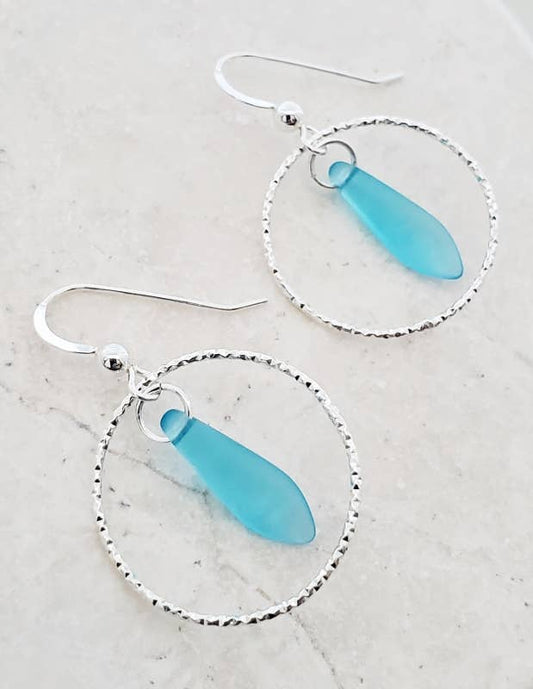 Silver Diamond Cut Eco Sea Glass Dagger Earrings - Autumn