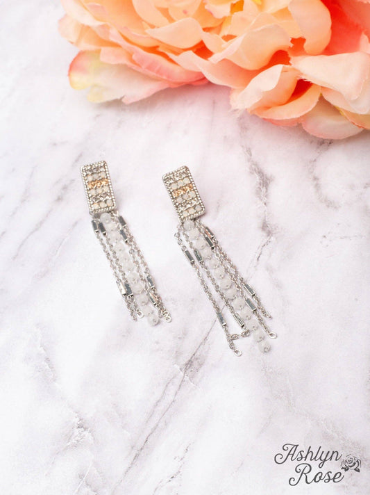 DANCE WITH ME SILVER CRYSTAL RECTANGLE WHITE BEADED FRINGE EARRINGS