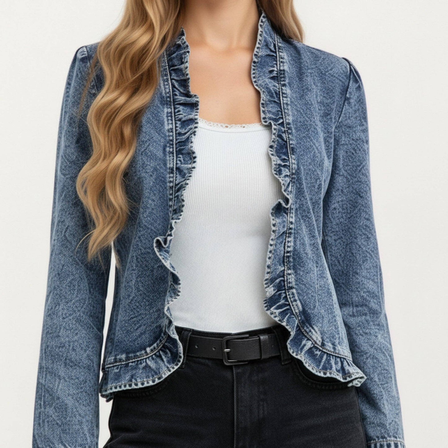 Denim Jacket with Soft Ruffle Trim