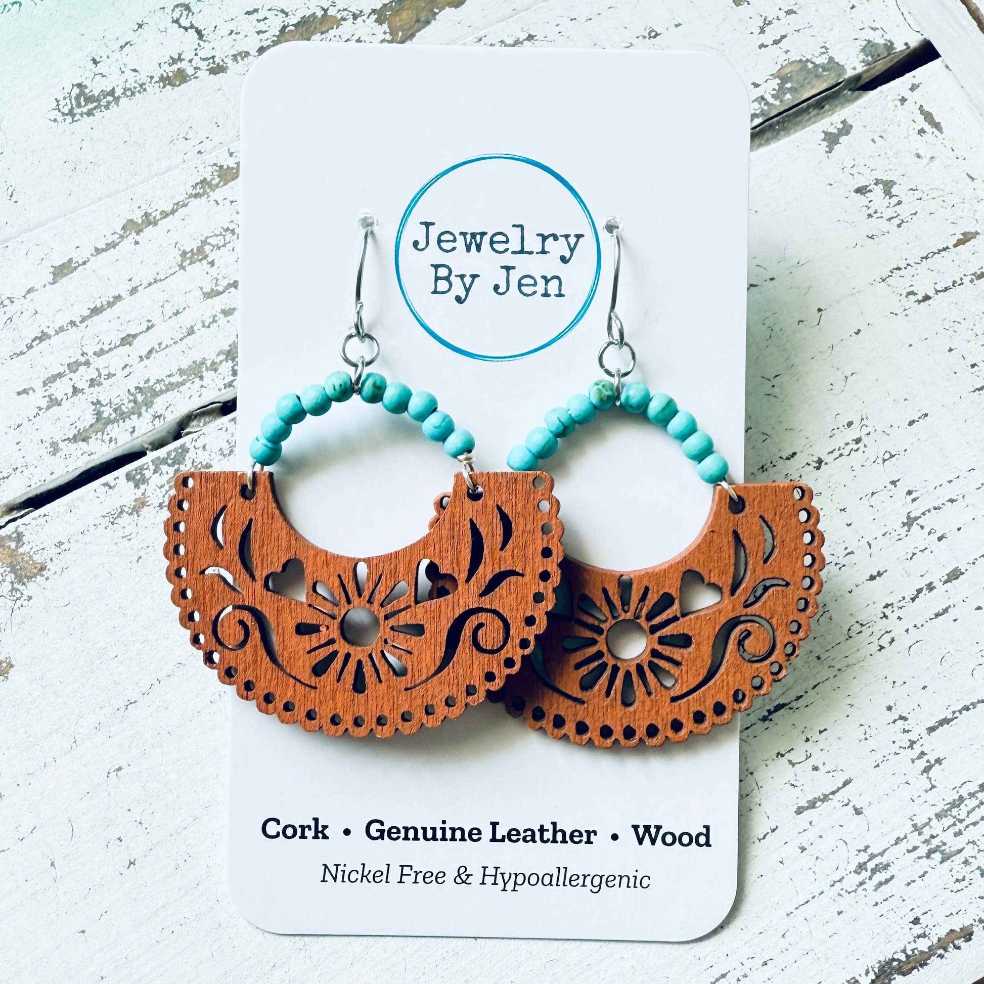 Jewelry By Jen - Wood Cutout Earrings: Brown & Turquoise