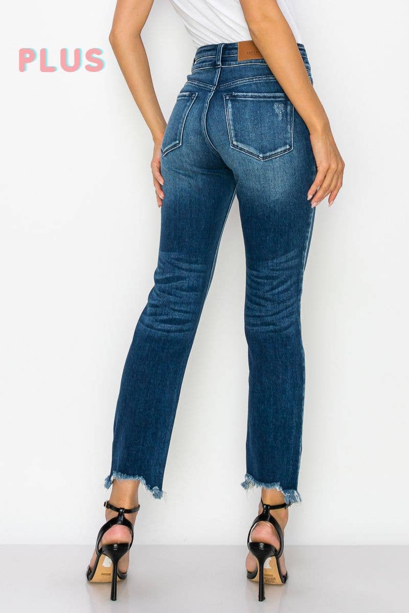 PLUS SIZE-HIGH RISE STRETCH DOUBLE WAIST BAND STRAIGHT JEANS