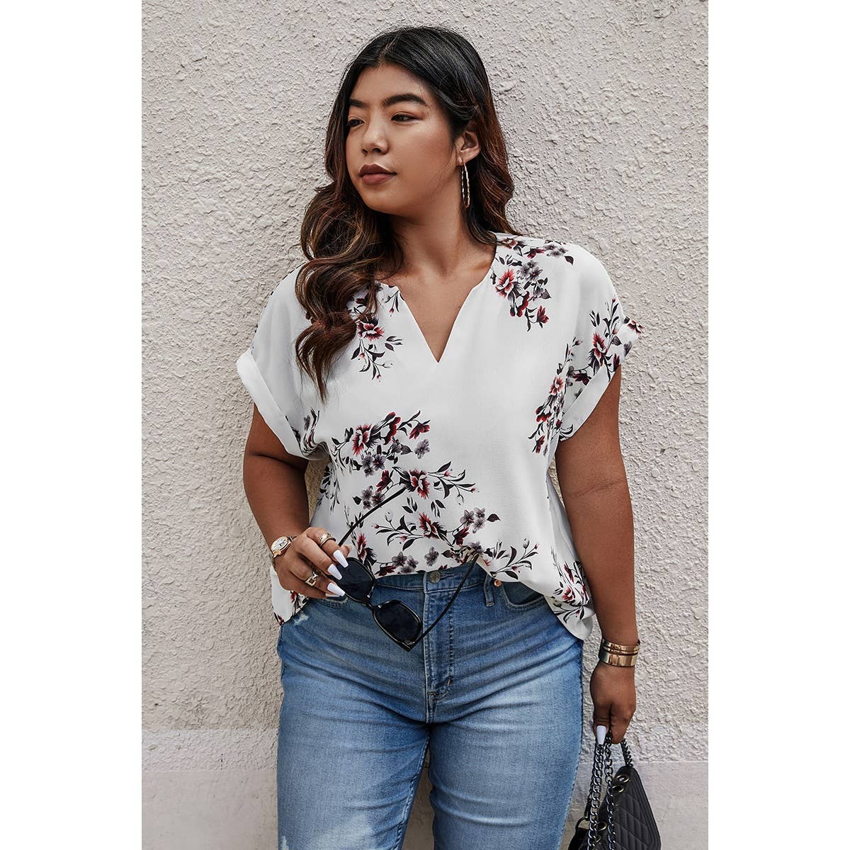 Plus Size Floral Print V Neck Loose Blouse