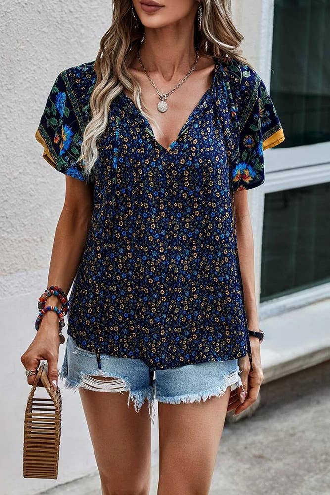 Floral Print V Neck Short Flare Sleeves Shirt