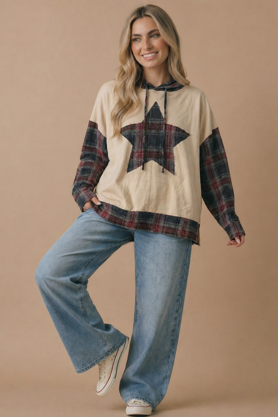 Plaid Star Patchwork Oversize Hoodie