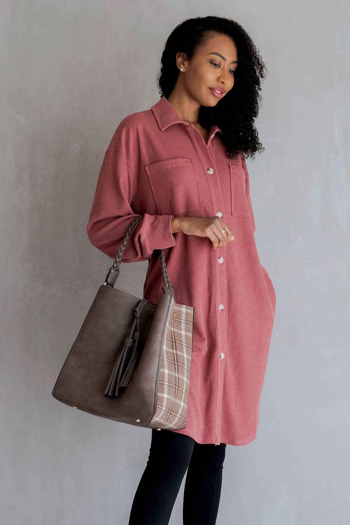 Dina Plaid Contrast Tote Set w/ Tassel
