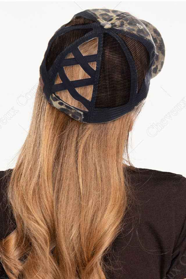 Hana - C.C Washed Denim with Crossed Elastic Band Mesh Pony Cap