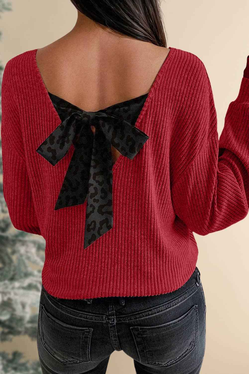 Leopard Back Bow V Neck Blouse