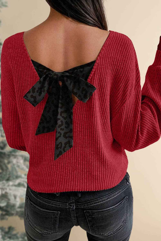 Leopard Back Bow V Neck Blouse