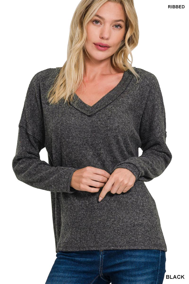 Ribbed V Neck Drop Shoulder Sweater - Threads Boutique