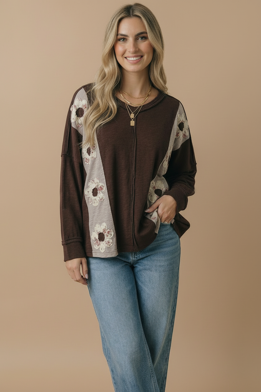 V Neck Flower Patches Slub Knit Top