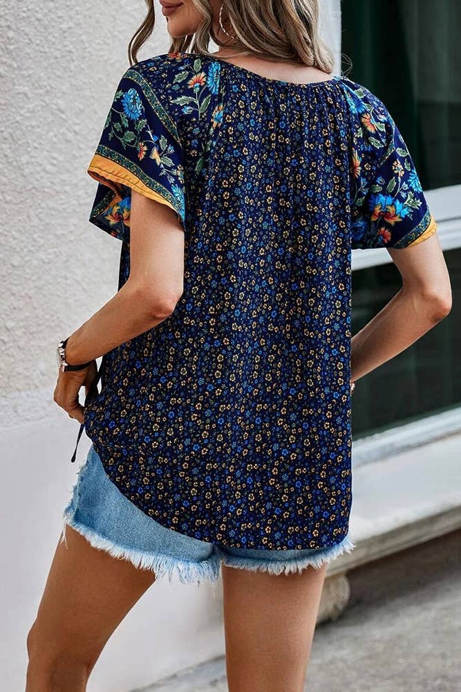 Floral Print V Neck Short Flare Sleeves Shirt