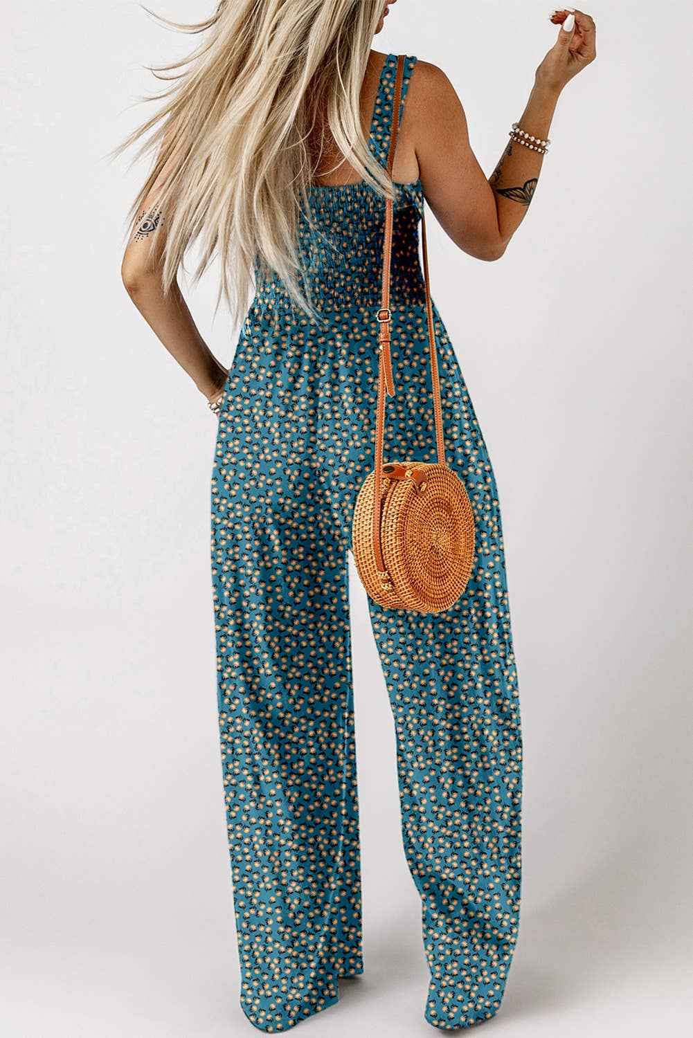 Boho Floral Print Smocked High Waist Square Neck Jumpsuit