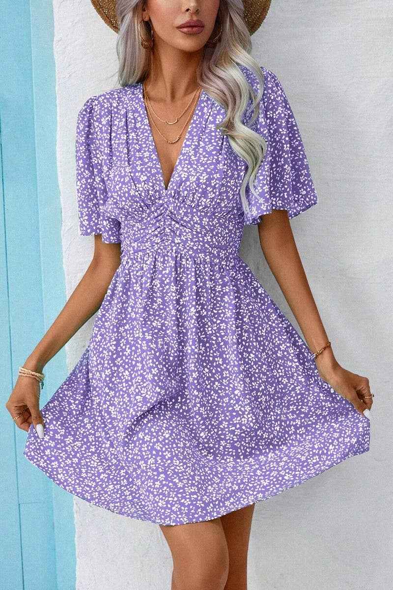 V-Neck Floral Pleated Dress