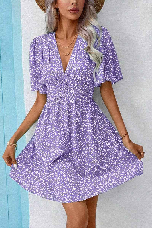 V-Neck Floral Pleated Dress