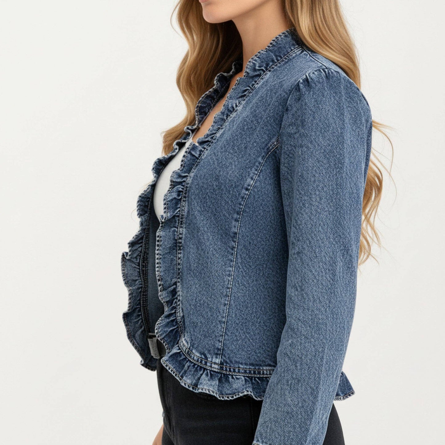 Denim Jacket with Soft Ruffle Trim