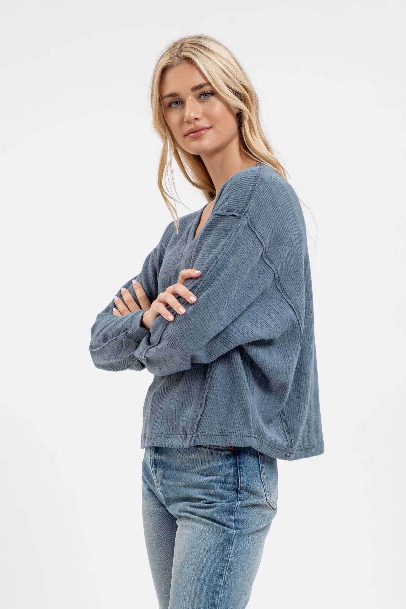 V Neck Knit Top: Dusty Teal